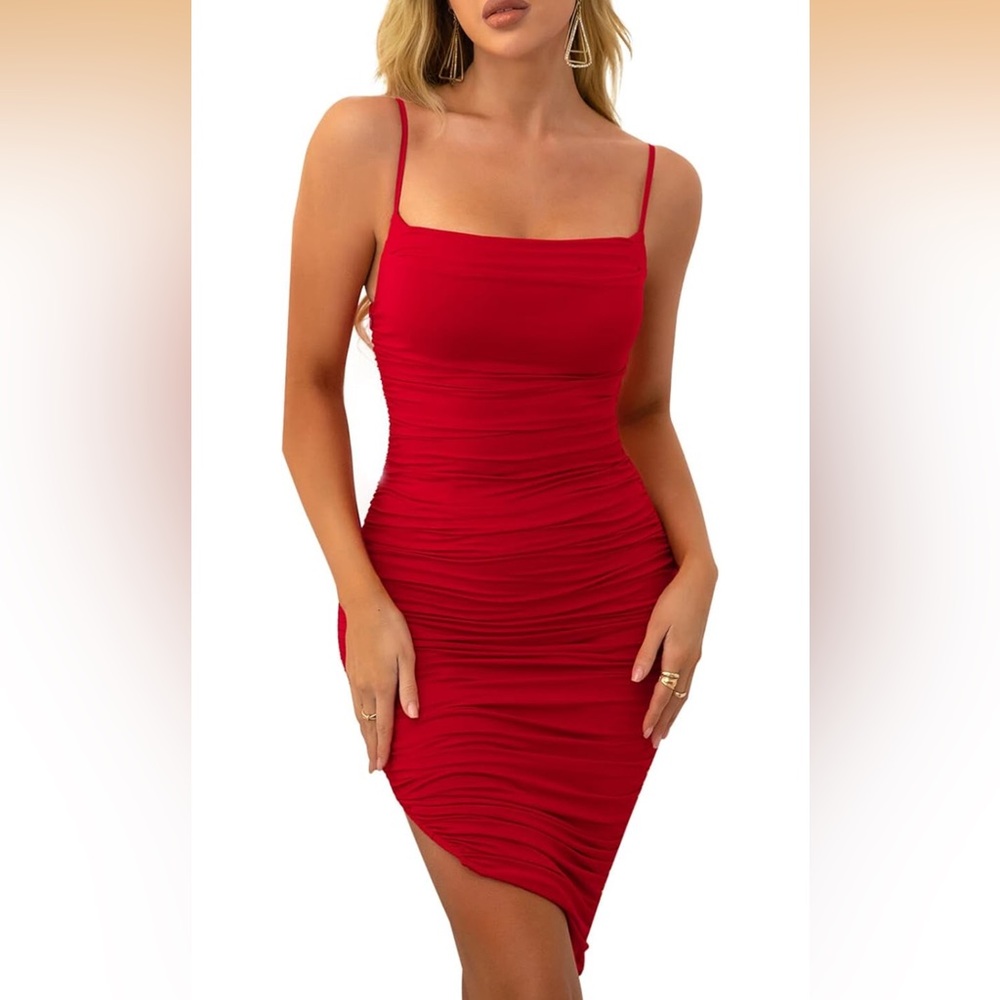 Amazon Red Ruched Bodycon Mini Dress with Spaghetti Straps